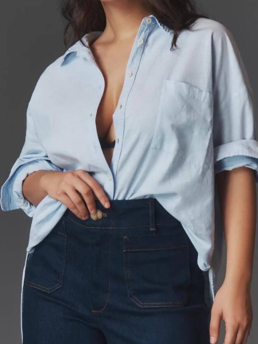 Maeve Anthropologie Bennett Button Down Shirt Linen Blend Blue Women Size L